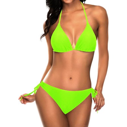 WJSM Dame Triangel Bikini Sett Halter Todelt Sexy Badedrakt String Knyting Side Badedrakt Neon Grønn
