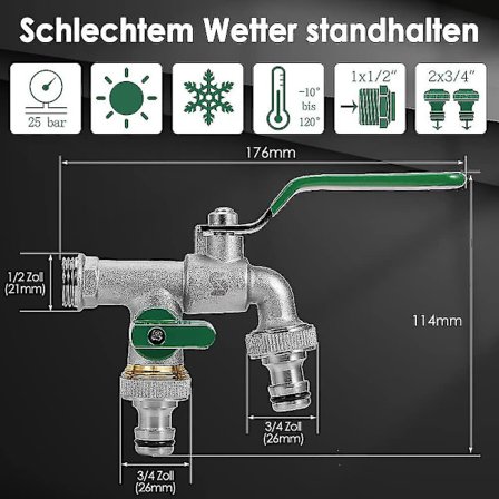 Hagekran, dobbel utløpstapp 1/2 tommer, Ust og frostsikker, med 2x 3/4 tommer utløp, for hage (grønn)
