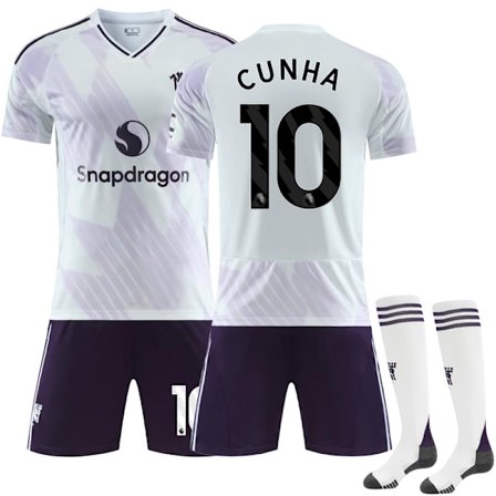 25-26 Manchester United F.C. Bortatröja Vit NO.10 CUNHA Set Barn Vuxen Fotbollsutrustning med Strumpor