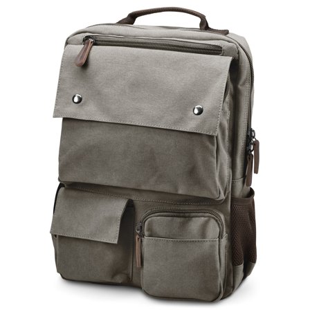 Metallic Grey Canvas & Brown Leather Compact Backpack for Men - Backpacks
