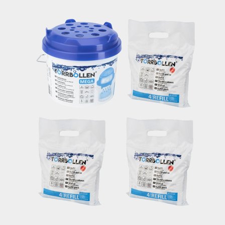 Kosteudenpoistaja Torrbollen MEGA, vaikutusalue jopa 40 m², uudelleentäytettävä + 12 kuivauspatruunaa (12 x 450 grammaa)