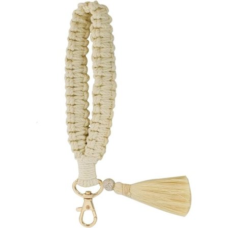Avainnauha, naisten rannekoruavainnauha, boho-avainnauha tupsulla, beige rannehihna avaimille, käsilaukulle, autonavaimille