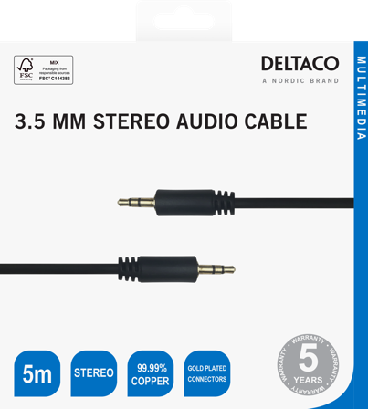 Deltaco Audio cable, 3.5mm, gold-plated, 5m, black