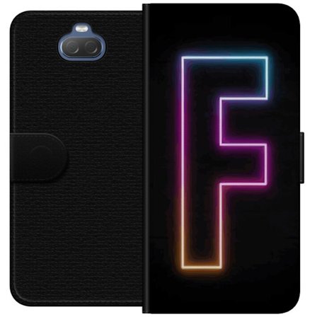 Kompatibel Tegnebogsetui til Sony Sony Xperia 10 Neonbogstav F i lyserød, blå og gul lyskanter mod en mørk baggrund, grafisk bogstavillustration me