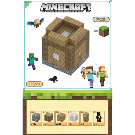 Minecraft Rakennuspalikat, Magneettiset Rakennuspalikkalelut - Talot (3) 110 palikkaa, 3 hahmoa