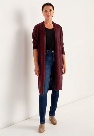 Cellbes of Sweden - Strikket, lang cardigan i vinrødmelert for damer i størrelse 42/44