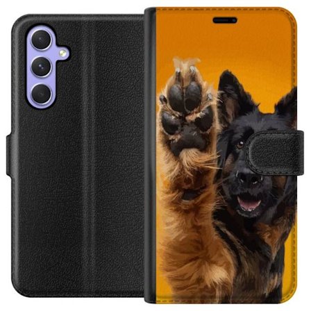 Kompatibelt Plånboksfodral till Samsung Samsung Galaxy A54 Glad hund vinkar med tassen charmigt djurporträtt på gul bakgrund perfekt för hundälsk