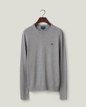 Lexington Baumwoll-Rundhals-Strickpullover, Hellgrau Meliert