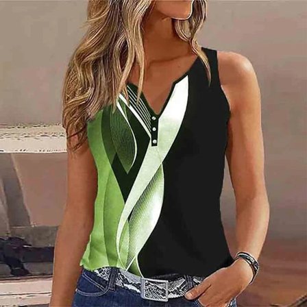 Dam V-ringad Tank Top Casual Elegant Trendigt Tryck Ärmlös Skjorta för Dejt Strandfest Grön S