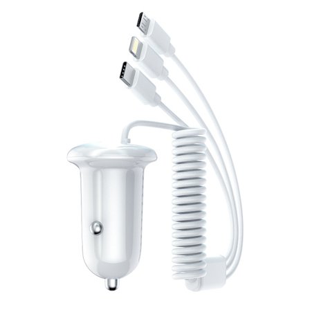 3-i-1 Mini Biloplader 15W Dobbelt Port med Micro USB Type-C og iOS Kabel Hvid