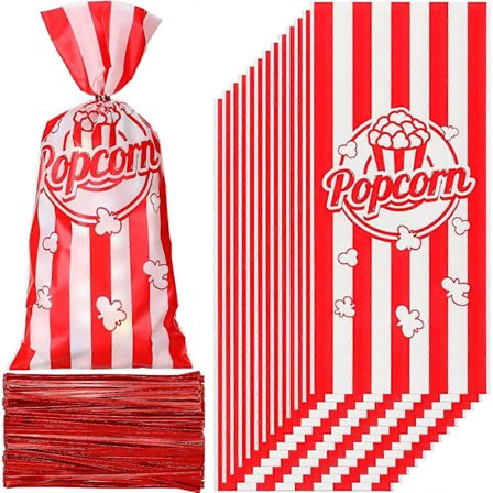 100 stk. Popcornposer til fest, Popcorn godtepose sett, 100 stk. poser rød kjeks