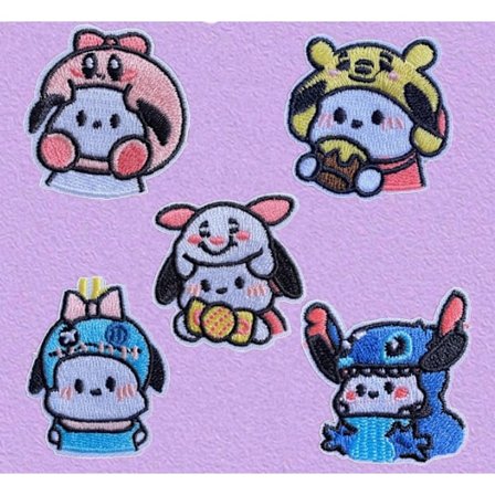 Set med 5, Pasha-hund, pene broderte lapper til å stryke på og sy