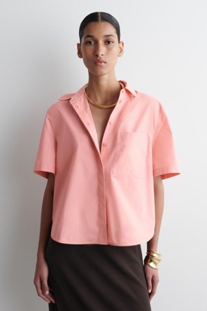 COS Women's Cropped Short-Sleeve Cotton Shirt in Pink