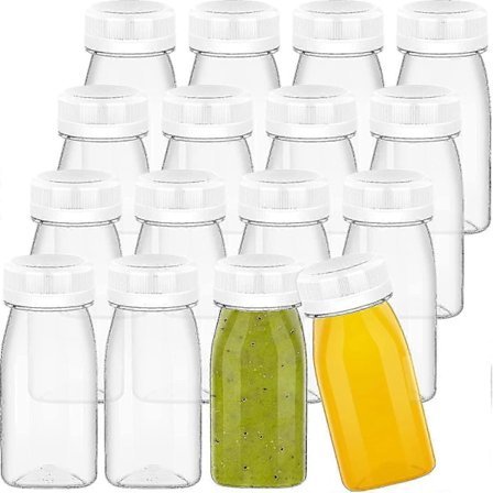 16 Pakning 4 Ounces Plast Juiceflasker Gjenbrukbare Små Klare Juicebeholdere For Oppbevaring av Juice, Melk, Smoothie, Hjemmelagde Drikker (hvitt Lokk