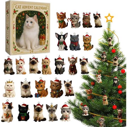 Katte Adventskalender 2025 - 24 dager med miniatyr kattefigurer i blindbokser - Unik julegave - for voksne, katteeiere og samlere