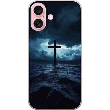 Kompatibelt Mobildeksel til Apple iPhone 16 Kors i stormfullt hav dramatisk kristen himmel mørke bølger religiøs kunst tro kors hav himmel åndelig tap