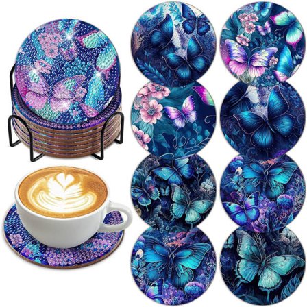 8 stk Butterfly Diamond Art Maleriunderlag Kit med holder DIY Butterfly Diamond Art Coaster Sklisikre underlag for voksne