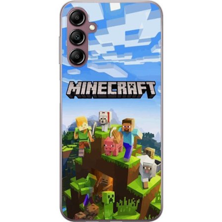 Kompatibelt Mobildeksel til Samsung Samsung Galaxy A14 5G Minecraft eventyrklippe med Steve, Alex, dyr og mobs i klassisk blokkstil der hele verden sa
