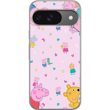Kompatibelt Mobildeksel til Google Pixel 9 Pro Peppa Gris med en baby i armene, mamma gris motiv i fargerik og myk barneillustrasjon med hjerter