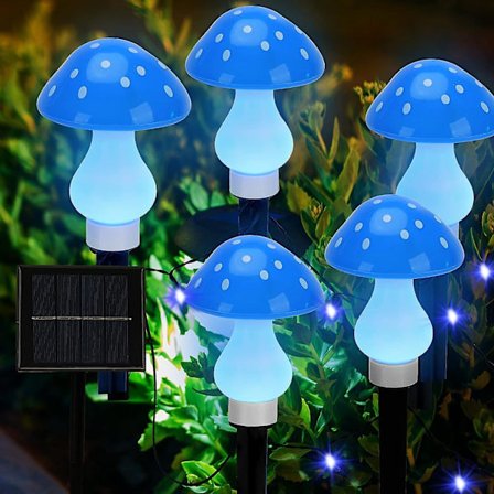 Set med 8 blå sopp solcellelamper utendørs vanntett hagelys 8 lysmoduser utendørs dekorasjon for sti landskap gård påske sti Hal