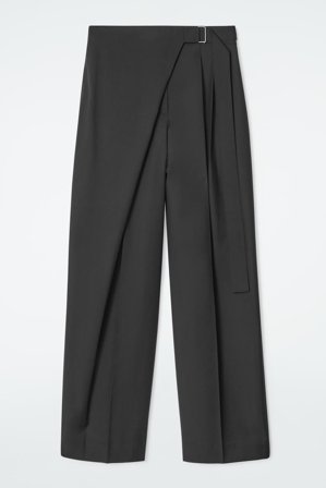 COS Women's Relaxed Belted Wrap Front Wool Trousers in Black