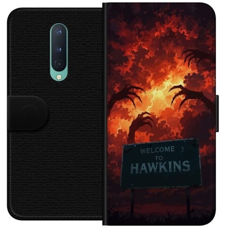 Kompatibel Tegnebogsetui til OnePlus 8 Mørk apokalyptisk fantasy scene med brændende himmel og Hawkins-skilt i Stranger Things-stil