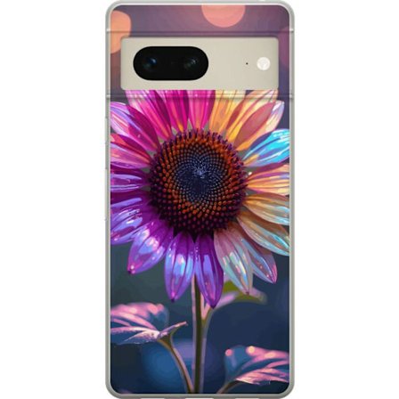 Kompatibelt Mobildeksel til Google Pixel 7 Irideserende blomst med glitrende kronblad i rosa lilla og gull mot myk bokeh bakgrunn