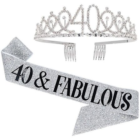 "40 And Fabulous" Sash & Rhinestone Tiara Set - 40th Birthday Gifts 40 Birthday Sash For Women Birthday Party Favors (glitter Silver/black)