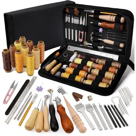 ING Læderarbejdsværktøjssæt Professionelt Lædersykit med Vokset Tråd, Rillejern og Syl til Syning af Sadelarbejde, Tøj og DIY