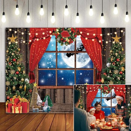 6,6x5ft Julröd Gardiner Bakgrund Full Moon Stjärnhimmel Sleig