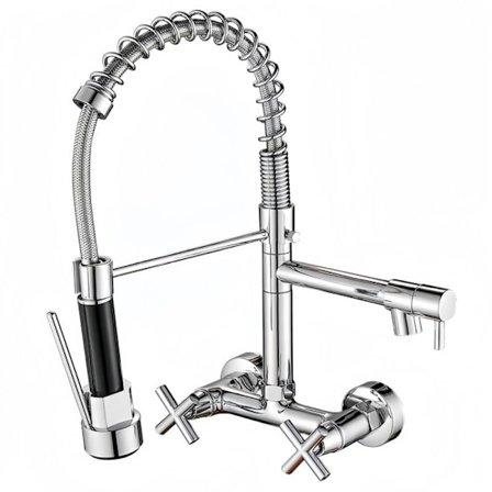 Vægmonteret køkkenvaskarmatur med fjeder og dobbelt håndtag til varmt og koldt vand