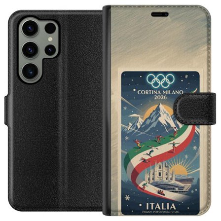 Yhteensopiva Lompakkokotelo Samsung Galaxy S23 Ultra Mäkihyppykuvitus, jossa hiihtäjä tähtää kiväärillä lumisella radalla, teksti Milano Cortina 2026