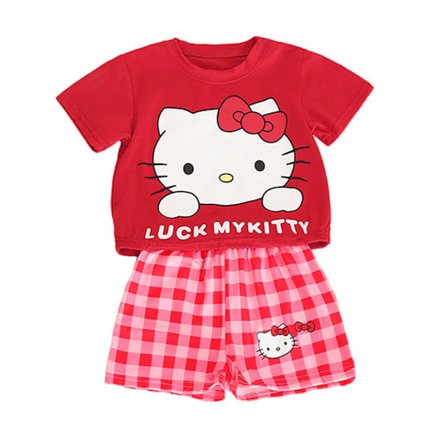 Barnepiker Kuromi Melody Cinnamaroll T-skjorte Rutete Shorts Pyjamas Sett Nattøy Blå 120cm