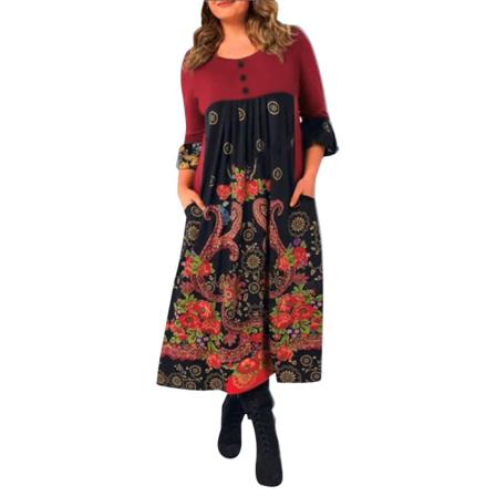 Kvinnor Lös Klänning O-hals Långärmad Party Casual Blommor Print