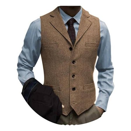 Herre Tweed Suit Vintage Vest Sildebensmønster Uld Galla Vest Brun 3XL