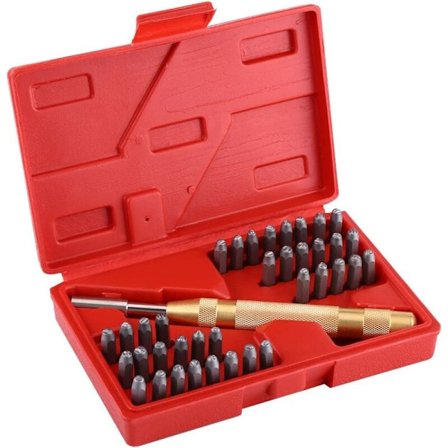 Stansbokstäver, 38 stansbokstäver och sifferset i stål med 3 mm självslående stansar