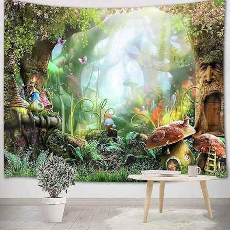 Grøn Jungle Gobelin 150x200cm Skov Vægdekoration Fantasi Eventyrverden Vægtæppe Børneværelse Stue Gobelin