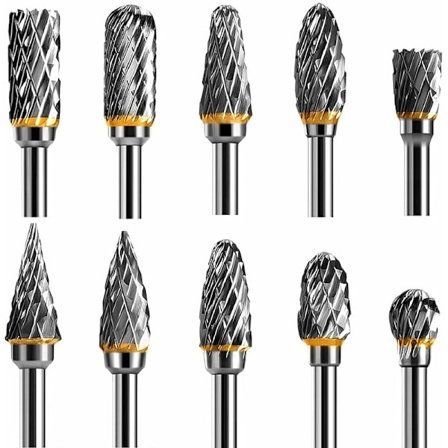 10-delad roterande frässats i volframkarbidstål med dubbelskärande egg för roterande verktyg, 1/8" skaft för roterande verktyg för gör-det-själv, 