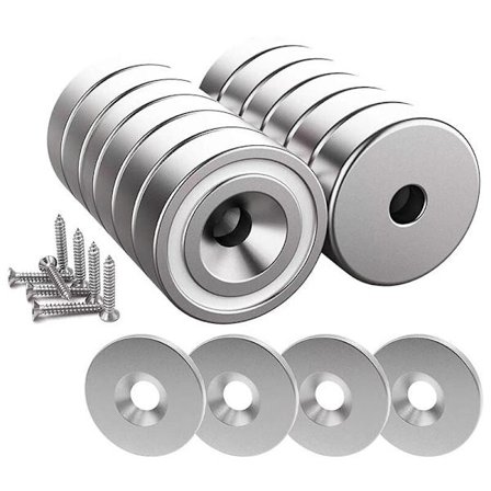 12 stk. Neodymmagneter 10 KG styrke 20 x 7 mm med hull og kapsel, forsenket pottemagnet med skrue og 12 stålplater