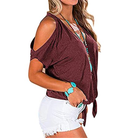 Dam T-shirt V-hals kall axeltopp kortärmad Casual