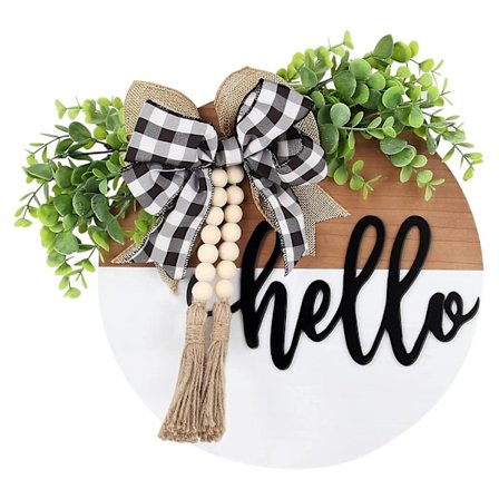 VÄLKOMMEN-skylt i lantlig stil med pärlor, tofsar och rosettdekoration för dörr eller vägg (vit)