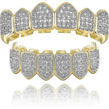 Diamantgriller for tenner Kvinner 18K gullbelagt Fullt islagt CZ Vampyr Topp og Bunn Ansikt Munn Menn med Ekstra Støpestenger Cosplay Kostymegol