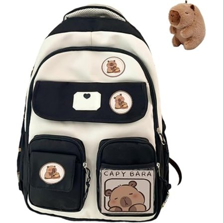 Capybara Ryggsäck För Skola, Söt Preppy Estetisk Ryggsäck Med Kawaii Nål Och Tillbehör För Flickor Svart Med Docka
