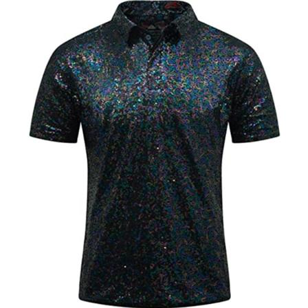 Herr glänsande paljetter kortärmad nedvikt gnistrande polo T-shirt Dark Green XL