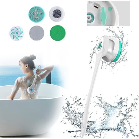 Elektrisk Kroppsborste för Duschen, 5-i-1 Massage Peeling Scrubber, Mjuk Silikon Spinnborste för Kroppsrengöring, Badryggborste
