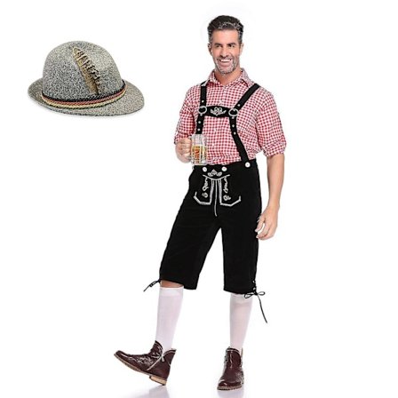 Bayersk Oktoberfest- set för män för utklädningsfest och ölfestival - Traditionell ederhosen, skjorta och hatt för Halloween-kostym