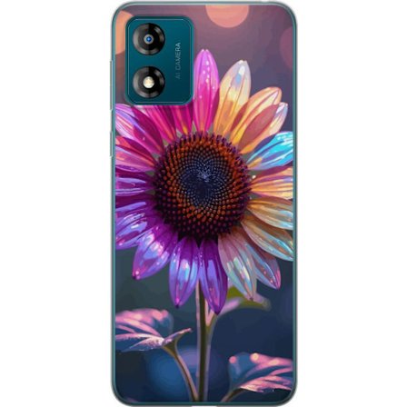 Kompatibelt Mobildeksel til Motorola Moto E13 Irideserende blomst med glitrende kronblad i rosa lilla og gull mot myk bokeh bakgrunn
