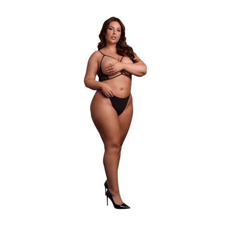 Shots: Open Cup Triangle Bra with Lace and Adjustable Sliders - Plus Size - Black - Erotik Vuxen: Plus size