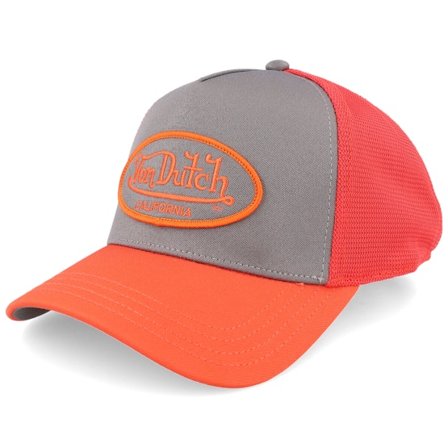 Von Dutch - Oval Patch Pink/Grey/Orange A-Frame Trucker Trucker Grey Cap - @ Hatstore