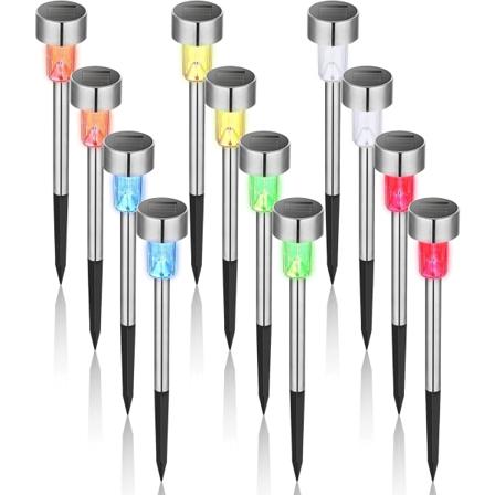 Trådløse 12 stk fargerike rustfrie stål LED utendørs solcellelamper for utendørs, 4,5*29,5 cm